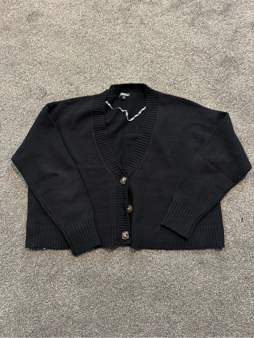 wild fable Black Ribbed V-Neck Button Cropped Cardigan